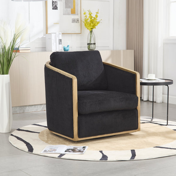 English Elm Corduroy Swivel Barrel Chair with Sturdy Wood Frame & Metal 360° Base, Plush Corduroy Comfort Pop Black W395P220274
