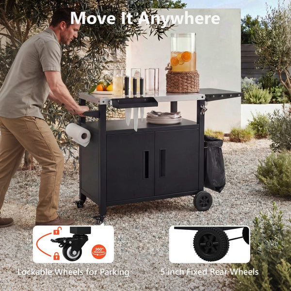 English Elm K&k Outdoor Bbq Station Stainless Steel Top Foldable Side Table Locking Wheels N707P379802B