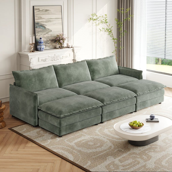 English Elm Corduroy 3-Seater Oversized Sofa With Movable Footrests - Cozy Green Upholstery For Modern Living W834S00441