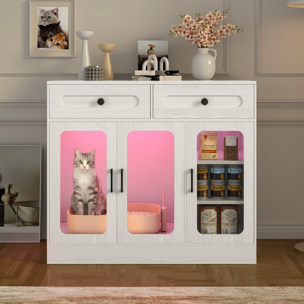 English Elm Cat Litter Box Cabinet with Glass Doors Led Light Drawers and Wood Grain Finish White N704P395520K