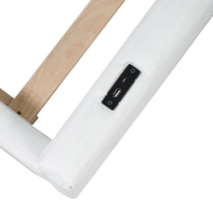 English Elm Twin Upholstered Platform Bed with Guardrail and Built-In Charging Station, Modern Sleek Design for Small Spaces White N709P186347K