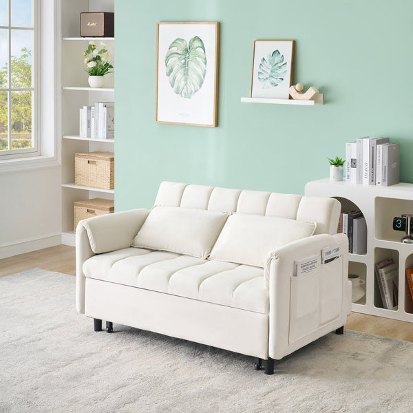 English Elm 52 Beige Modern Velvet Sofa Pullout Bed, 3-in-1 Convertible 52" Loveseat for Small Spaces, Pillows & Storage Pockets W1658P266333