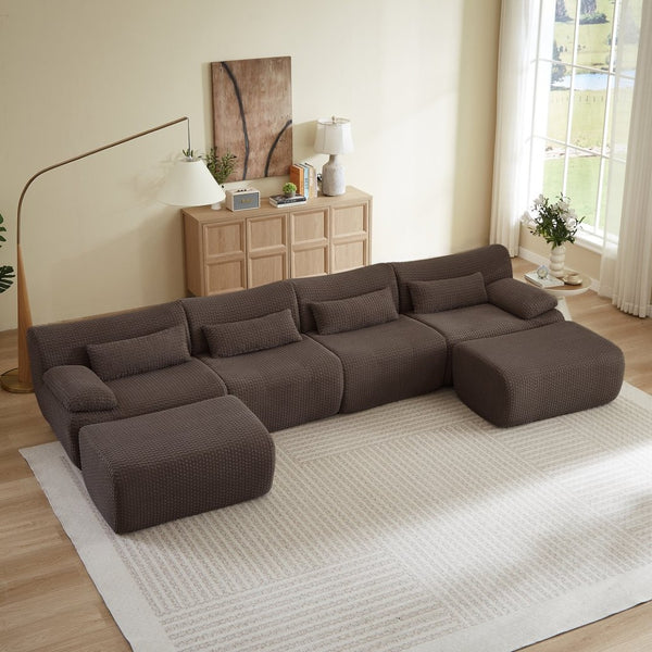 English Elm Sectional U-shaped Corduroy Sofa with Ottoman Convertible Layout for Any Living Room Brown W2339S00156