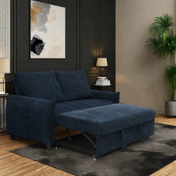 English Elm 57.48" Navy Line Velvet Sofa Bed with Adjustable 3‑Angle Backrest, Memory Foam Chaise, Modern Loveseat Sleeper (Navy) W1183S00023