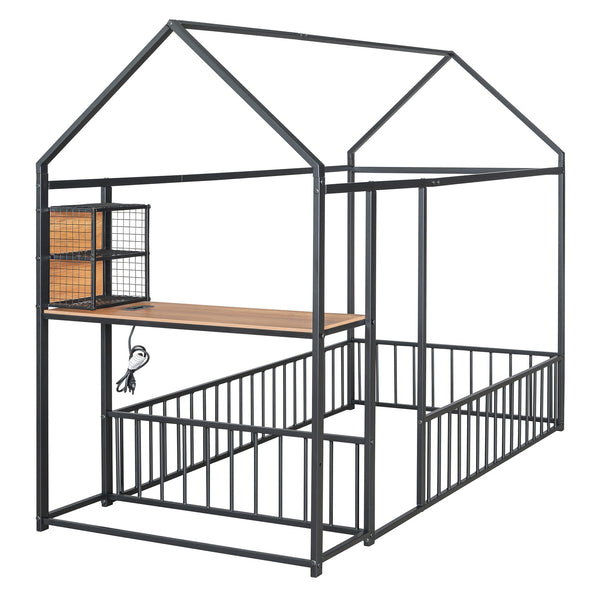 English Elm Twin House Bed Frame with Roof & Fence, Metal Twin Loft with Built-In Desk Shelves USB Outlets Black N737P173490B