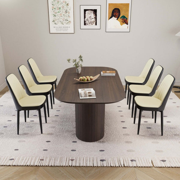 English Elm 63 Inch Mdf Dining Table Set with Six Pu Upholstered Chairs and Black Metal Legs Beige+Brown,Black W2189S00865