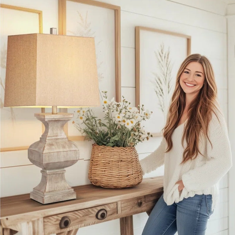 English Elm 33-inch Vintage Resin Table Lamp Beige & White, Rustic 33" Side Lamp with LED Bulb for Cozy Living Rooms W3355P391641