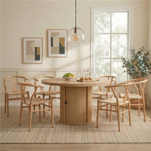 English Elm 6-piece Round Pedestal Dining Set with Woven Wishbone Chairs and Fluted Column Base Natural Wood,Wood W2920S00151