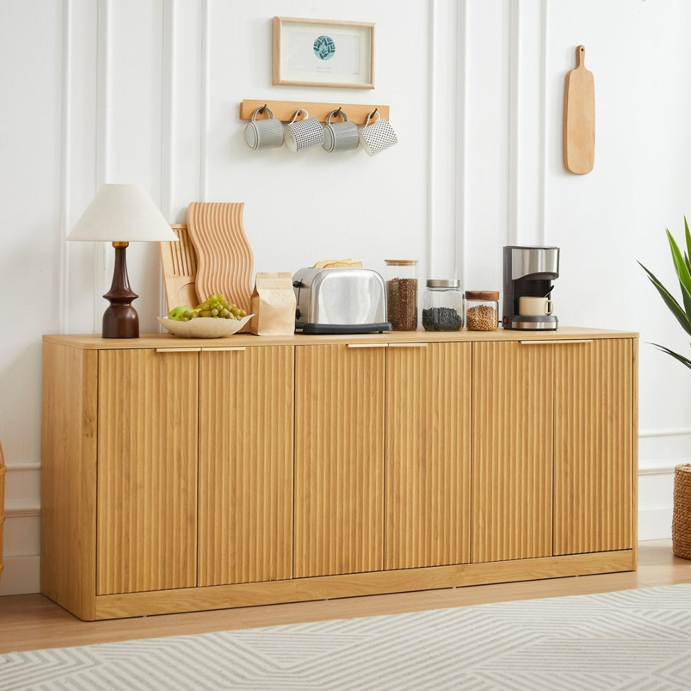 English Elm 67-inch Wavy Sculptural Sideboard Six Door Mdf Storage Cabinet for Living or Dining Natural W1162P339092