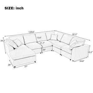 English Elm U_style Seven Seat Modular Sectional Chenille Sofa with Ottoman Pine Frame Living Room Beige WY000469AAA
