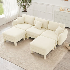 English Elm Boucle U-Shape Sectional Sofa With Shell Armrests & Movable Ottomans - Modern Beige Comfort Piece W3041S00278