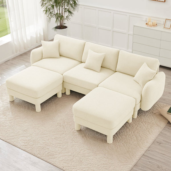 English Elm Boucle U-Shape Sectional Sofa With Shell Armrests & Movable Ottomans - Modern Beige Comfort Piece W3041S00278
