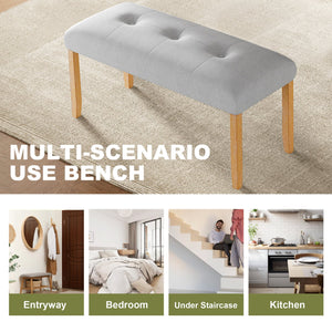 English Elm Upholstered Tufted Bench with LVL Rubber Wood Legs, Mid-Century Modern End of Bed Seating, 250lb Capacity Beige+Natural N752P294997D