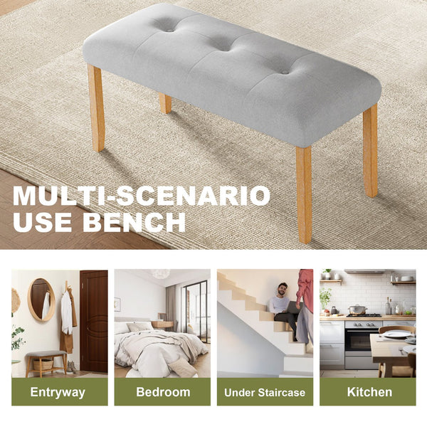 English Elm Upholstered Tufted Bench with LVL Rubber Wood Legs, Mid-Century Modern End of Bed Seating, 250lb Capacity Beige+Natural N752P294997D