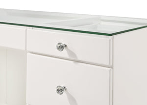 English Elm 2pc Vanity Set with LED Lighted Mirror Glass Top, 5 Drawers with Crystal Knobs and Stool White 59.96 L x 25.87 W x 2 H B2741S00145