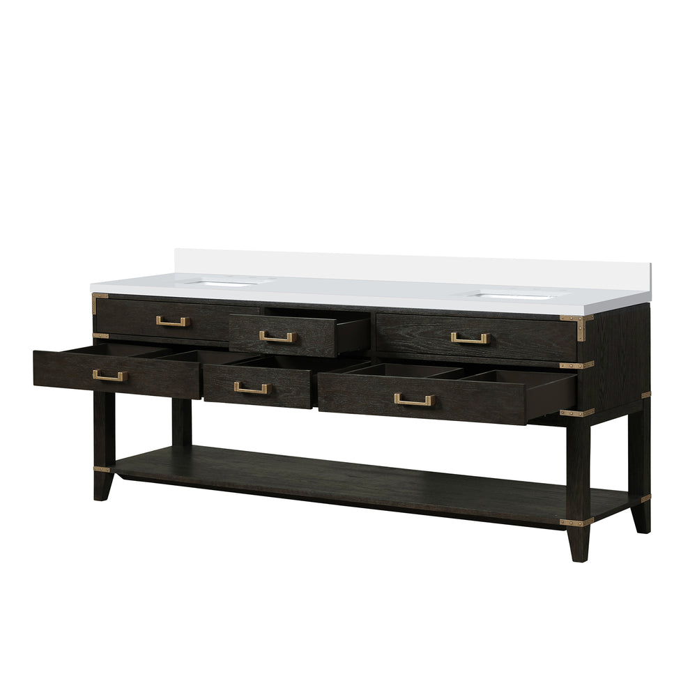 English Elm Black Oak Double Bath Vanity With Elegant White Quartz Top - 84 In. W, Soft-Close Storage Solutions B2731P261071