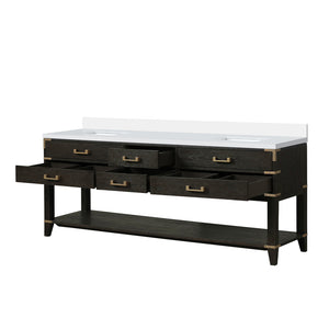 English Elm Black Oak Double Bath Vanity With Elegant White Quartz Top - 84 In. W, Soft-Close Storage Solutions B2731P261071