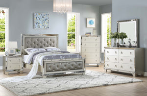 English Elm Glamorous Upholstered Tufted Queen Bed with Mirrored Trim and Luxurious Button Detail for Glam Bedrooms Grey,Silver 87 L x 10 W x 5 H B011S01991