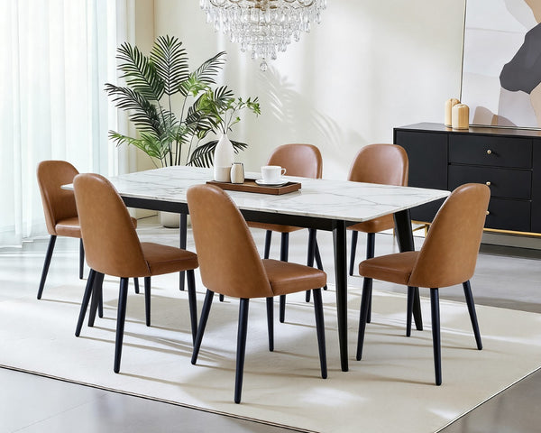 English Elm Beige Pu Leather Armless Dining Chair Set of 4 with Matte Black Iron Legs Modern Brown Yellow T3967P497835