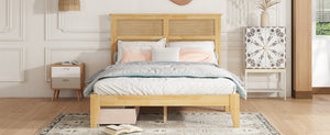 English Elm Full Full Size Bed with Rattan Headboard and Two Underbed Storage Drawers, Rubberwood Slat Support White Oak W504P269606
