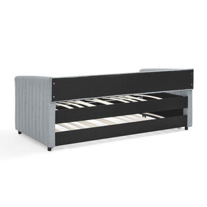 English Elm Twin Size Daybed With Trundle - Stylish Grey Linen Upholstered Sofa Bed With Vertical Stripes W1413S00089-GIGA