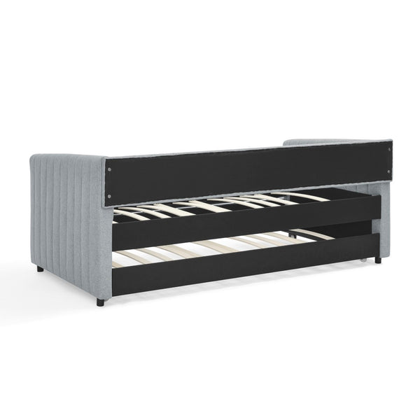 English Elm Twin Size Daybed With Trundle - Stylish Grey Linen Upholstered Sofa Bed With Vertical Stripes W1413S00089-GIGA