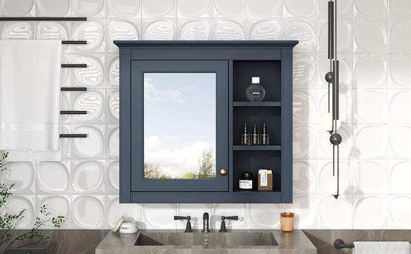 English Elm 30'' Modern Medicine Cabinet Wall Mirror with Hidden Storage and Adjustable Open Shelves for Bath Blue WF318452AAC
