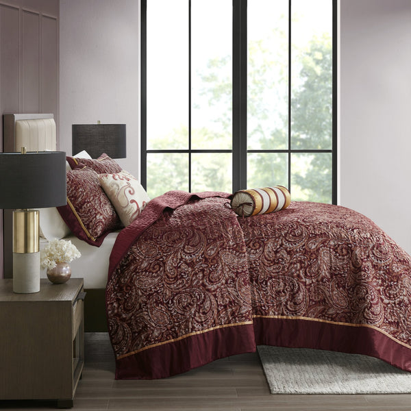 English Elm 5 Piece Aubrey Reversible Jacquard Bedspread Set King with Paisley Motif, Gold Sheen, Quilted Elegance Burgundy 22.83 L x 18.11 W x 8.27 H B03597643