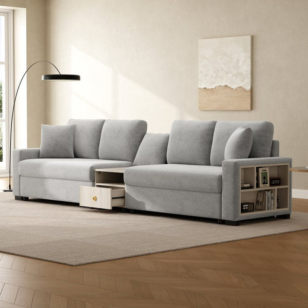 English Elm Modern Chenille Modular Sofa with Storage Armrest Console Table Living Room Seating Grey N763S000064E