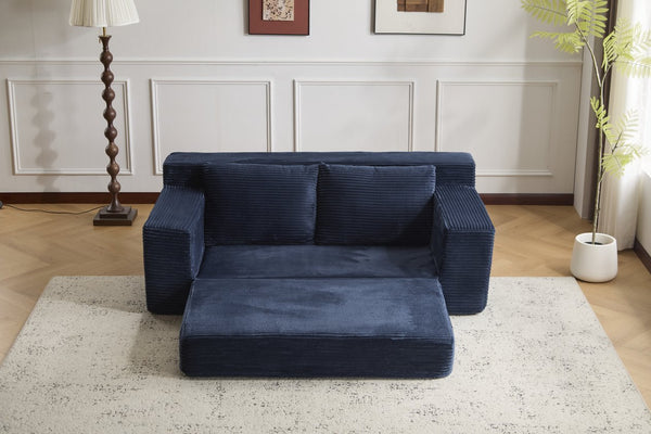 English Elm Loveseat Corduroy Bean Bag Sofa Bed with Memory Foam, Reversible Cushions, Plush Bolsters, No Assembly Required Dark Blue W3723P346939