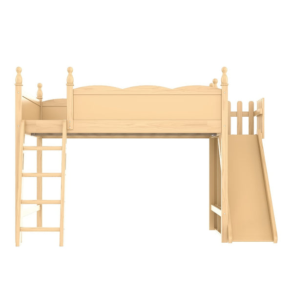 English Elm Queen Solid Pine Loft Bed with Wardrobe Shelves Detachable Slide and Dual Sleeping Zones Natural W5305S00027