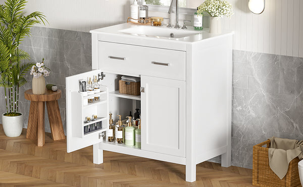 English Elm 30-inch Modern Bathroom Vanity with Ceramic Sink, Gold Accents, Solid Wood Frame, Soft-Close Doors and Ample Storage White WF324045AAK