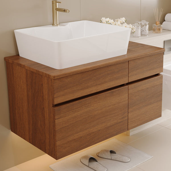 English Elm 31.5 Modern Floating Bathroom Vanity with Vessel Sink, Walnut Finish, Drawer Storage & Bracket Included White+Walnut W3136S00021