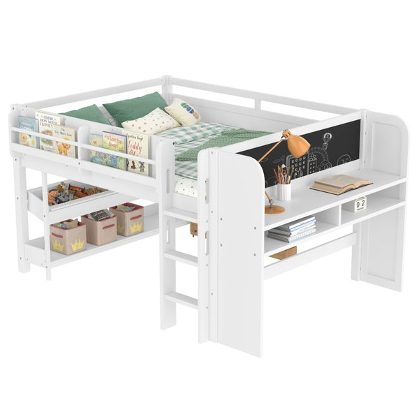 English Elm Twin Low Loft Bed Solid Pine Frame Kids Study Desk Blackboard Storage White Light White W1580S00299