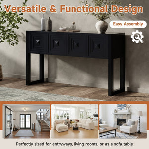 English Elm [video] Art Deco Console Table Geometric Carved Fronts Fluted Legs 3 Soft-close Drawers Black N759P433572B
