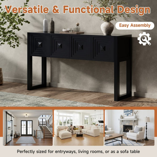 English Elm [video] Art Deco Console Table Geometric Carved Fronts Fluted Legs 3 Soft-close Drawers Black N759P433572B