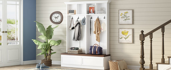 English Elm Rattan Door Hall Tree Bench with 6 Hooks Farmhouse Entryway Storage White+Walnut N721S000076K