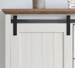 English Elm 5 Drawer Dresser with Sliding Barn Door — Farmhouse Modern MDF Chest with Metal Handle, Adjustable Shelves, Spacious Top White W2275P206613