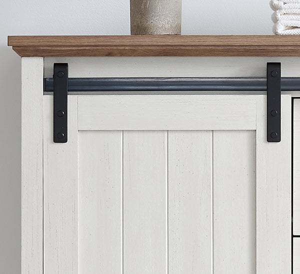 English Elm 5 Drawer Dresser with Sliding Barn Door — Farmhouse Modern MDF Chest with Metal Handle, Adjustable Shelves, Spacious Top White W2275P206613