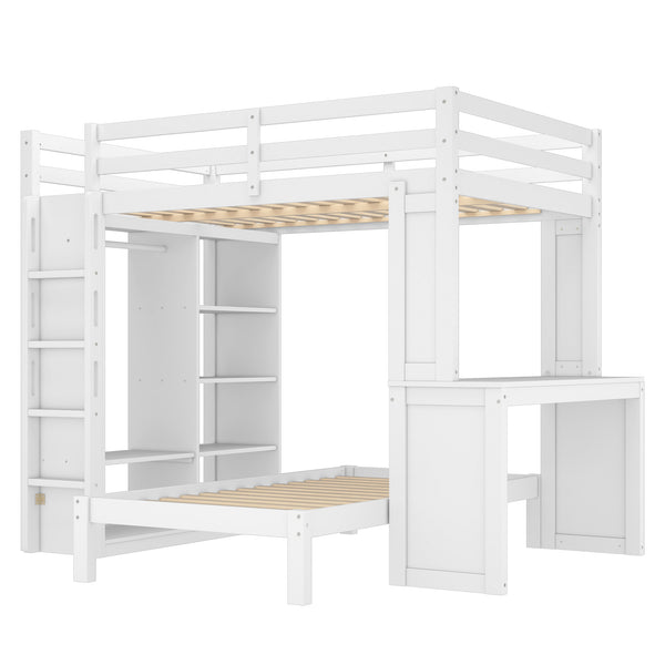 English Elm Full Solid Wood Loft Bed with Removable Lower Bed, Built-In Desk, Shelves & Wardrobe for Space-Saving Designs White W1580S00211