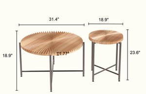 English Elm Radial Distressed 2-Piece Coffee and End Table Set with Waterproof MDF Top and Black Metal Legs Natural Wood+Brown B2735P269981