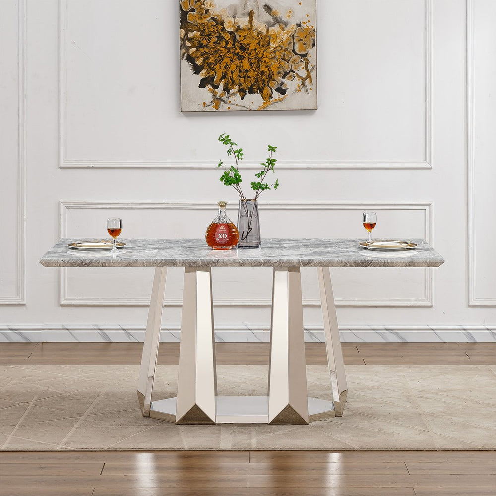 English Elm Marble Dining Table For 6-8 People, 70'' Rectangle Faux Marble Top With Stylish Chrome Base Finish W3456S00013