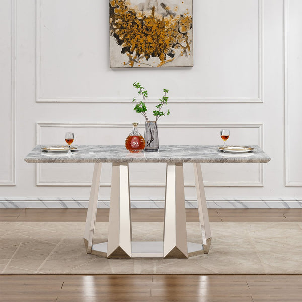English Elm Marble Dining Table For 6-8 People, 70'' Rectangle Faux Marble Top With Stylish Chrome Base Finish W3456S00013