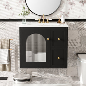 English Elm 24" Modern Wall-Mount Bathroom Vanity with Ceramic Sink, Glass Door Cabinet, 2 Drawers, Soft-Close Black N710P286704B