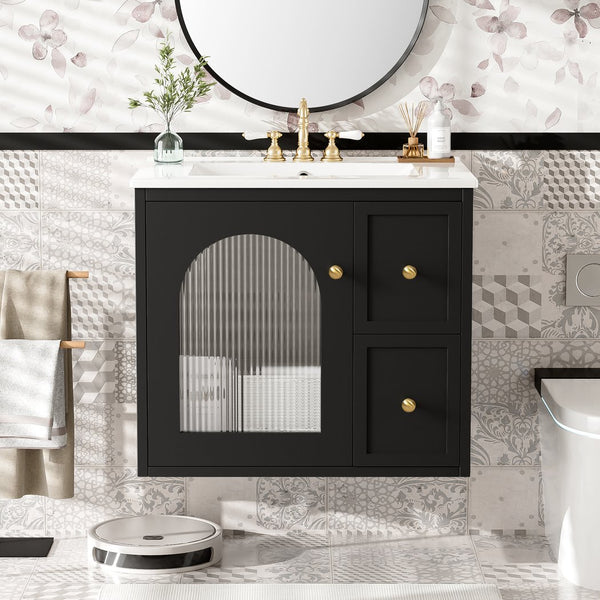 English Elm 24" Modern Wall-Mount Bathroom Vanity with Ceramic Sink, Glass Door Cabinet, 2 Drawers, Soft-Close Black N710P286704B