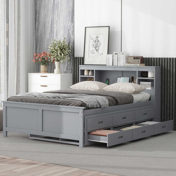 English Elm Full Full Size Platform Bed with Storage Headboard, USB Ports, Twin Trundle & 3 Drawers, Solid Wood Gray GX000720AAE