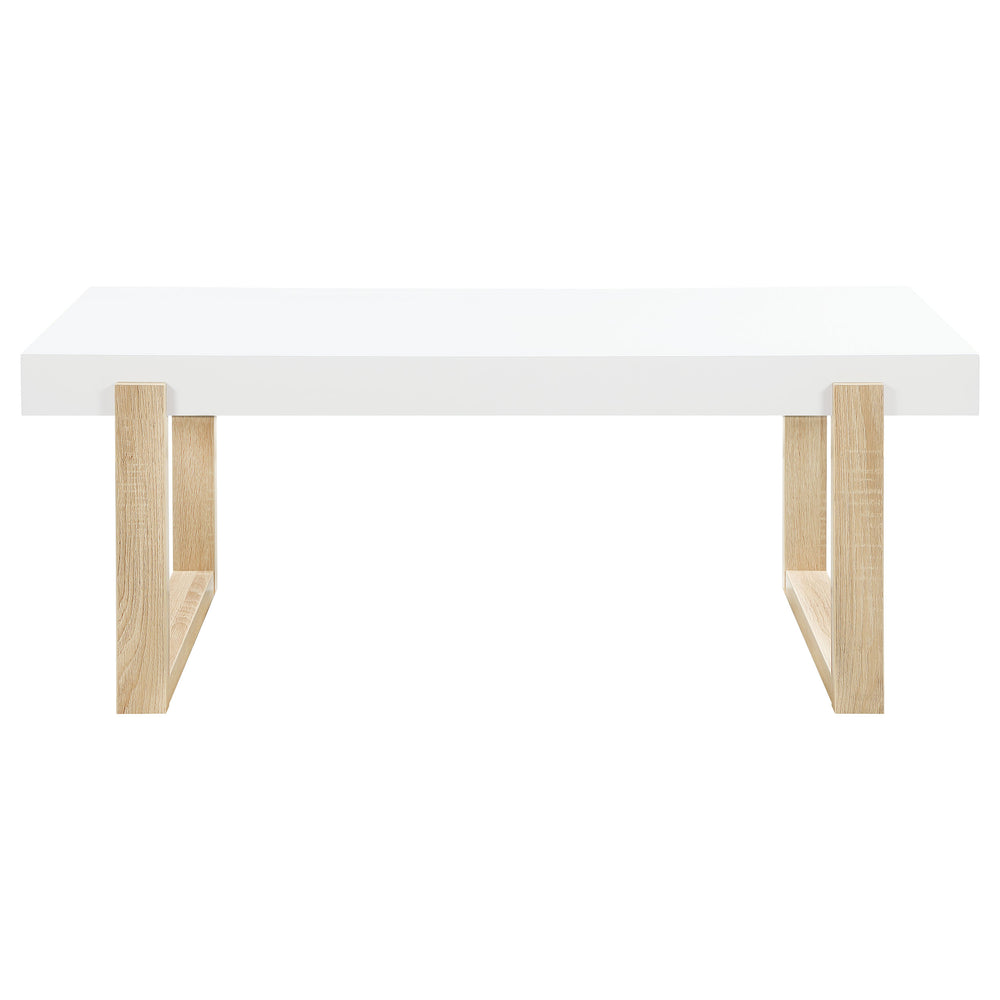 English Elm Gwen High Gloss White Coffee Table With Natural Wood Sled Base - Modern Minimalist Centerpiece B062P333453