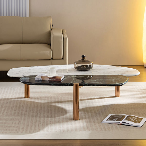 English Elm Faux Mid Century Marble Coffee Tables Set — Large & Small MDF Tops with Gold Geometric Legs, Durable Elegance W876P221049