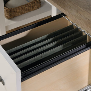 English Elm Desk, Modern White-Finish Workspace With Ample Storage, Open Shelves & Durable Engineered Wood Design B356P402727
