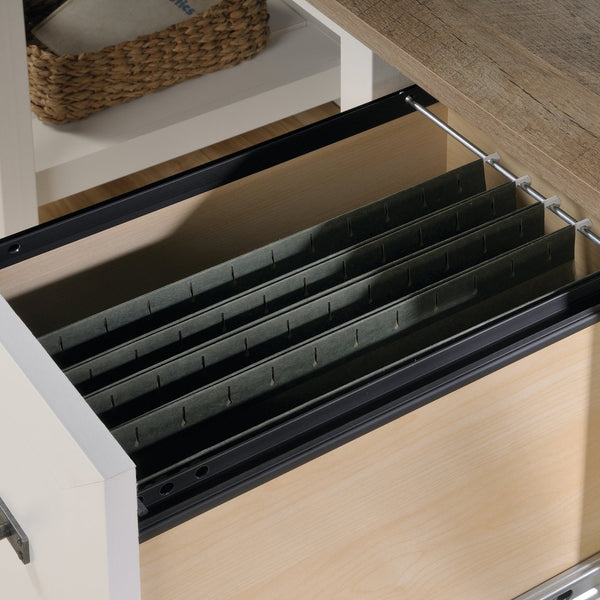 English Elm Desk, Modern White-Finish Workspace With Ample Storage, Open Shelves & Durable Engineered Wood Design B356P402727